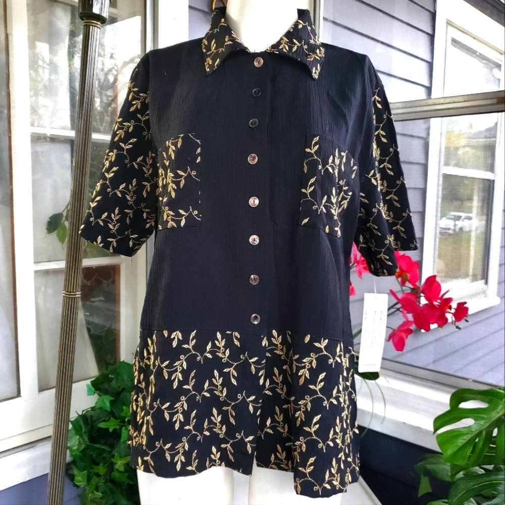 Vintage NWT Adolfo Sport Black Gold Embroidered Leaves Rayon Blend Blouse Top /M